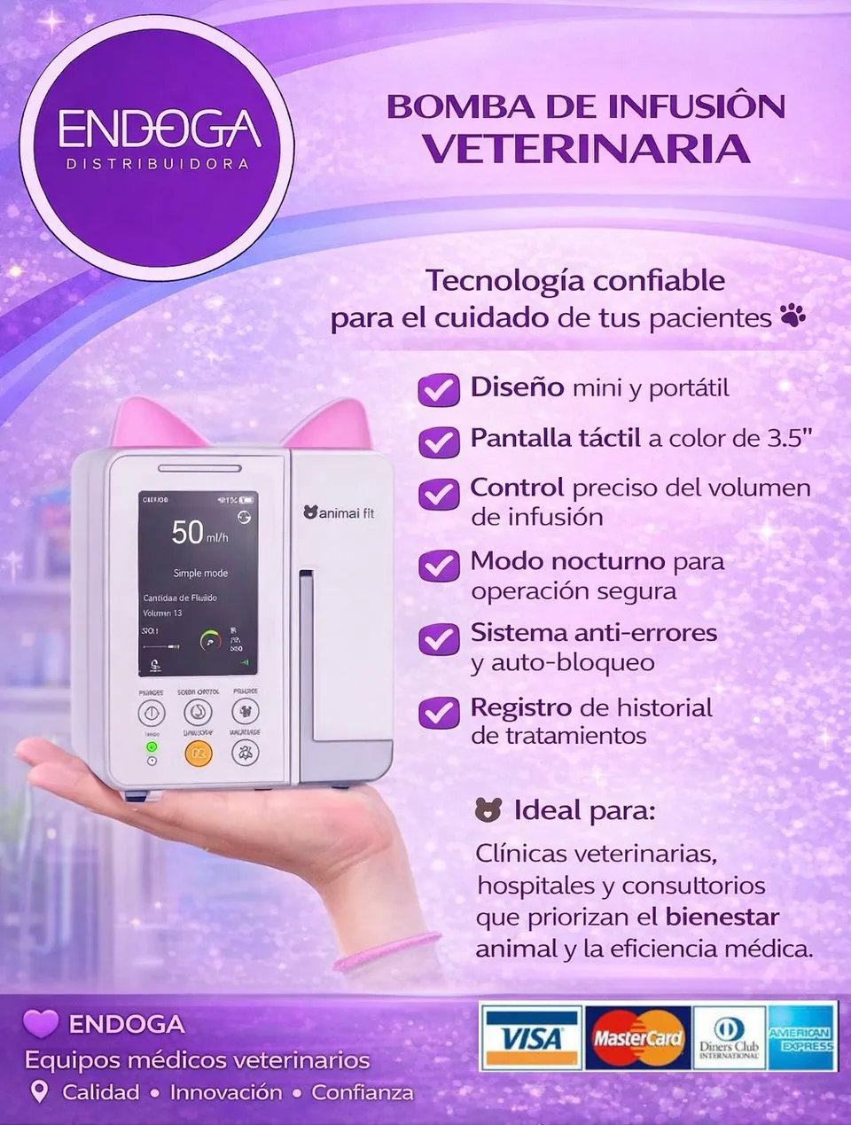 Bomba de infusión veterinaria portátil, Línea Veterinaria de Endoga