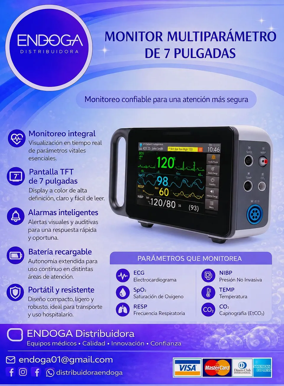 Monitor multiparámetro veterinario de 7 pulgadas, Línea Veterinaria de Endoga