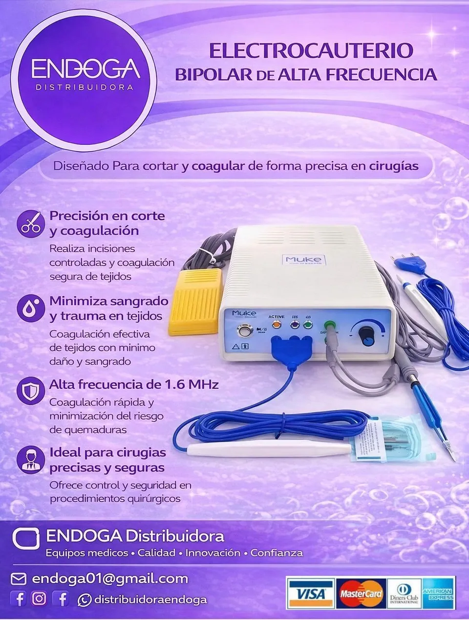 Electrocauterio bipolar de alta frecuencia, Línea Pharma de Endoga