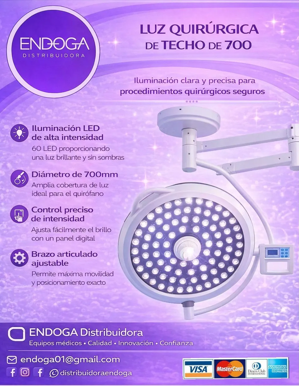 Luz quirúrgica de techo de 700 mm, Línea Pharma de Endoga