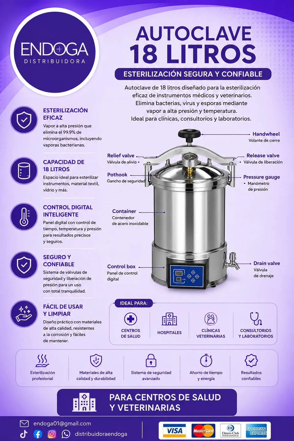 Autoclave veterinario de 18 litros, Línea Veterinaria de Endoga